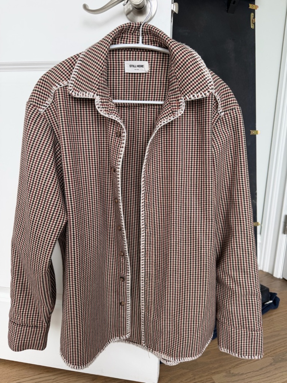 Still here Checked Button-Up Shirt Jacket in plaid wool Brown and Cream - Picture 2 of 5